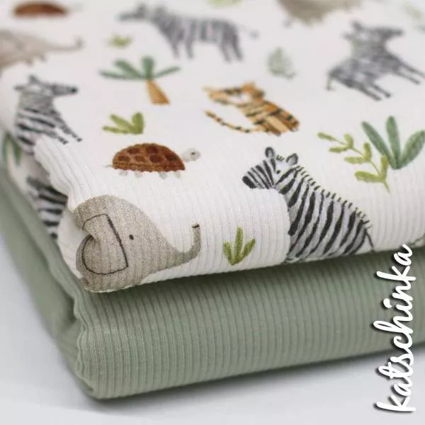 Rippenjersey Stoff mit Safari Muster – hochwertiger Ribjersey Kinderstoff gefaltetals Stoffpaket