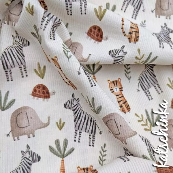 Rippenjersey mit Safari Motiv auf hellblauem Hintergrund – weicher Ribjersey Kinderstoff mit Polizeiautos als Detailaufnahme