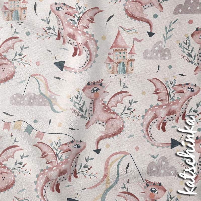 Bio Baumwolljersey Stoff mit Drachen und Schloss Motiv auf hellem Hintergrund – Kinderstoff als Meterware für Nähprojekte