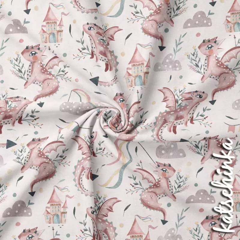 Kinder Jersey Stoff mit Drachen, Wolken und Schloss – weicher Bio Baumwolljersey Meterware für Kleider und Pumphosen