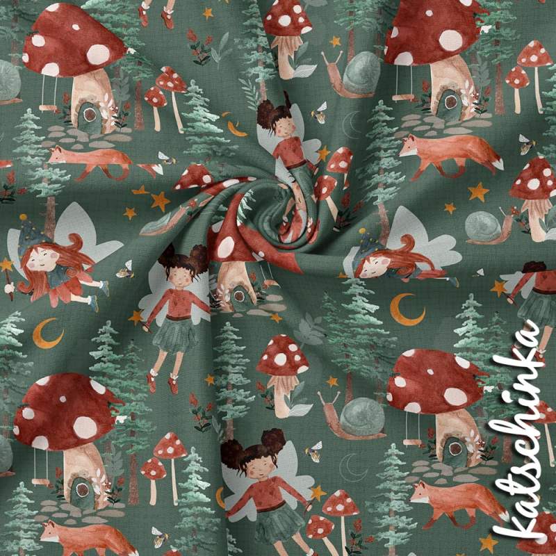 Feen Jersey Stoff mit Pilzen, Waldtieren und Bäumen – elastischer Baumwollstoff für Kinderkleidung und DIY Projekte