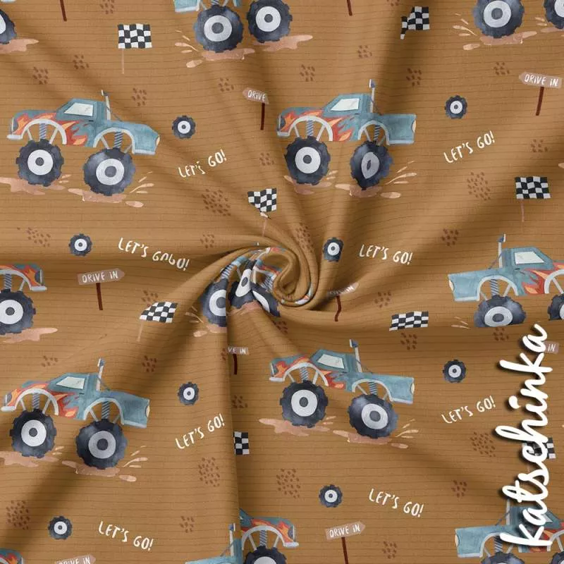 Kinder Jersey Stoff mit Monstertrucks und Flammen auf braunem – weicher Baumwolljersey Meterware für Shirts und Pumphosen