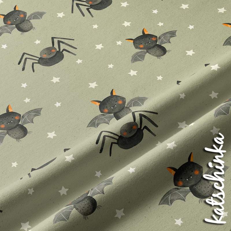 Kinder Jersey Stoff Halloween mit Spinnen, Fledermäusen und Sternen – weicher Baumwolljersey Meterware für Shirts und Pumphosen