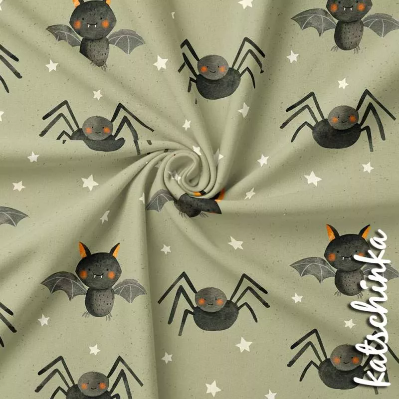 Jersey Stoff mit Spinne und Fledermaus in Aquarelloptik – elastischer Baumwollstoff für Kinderkleidung und DIY Projekte
