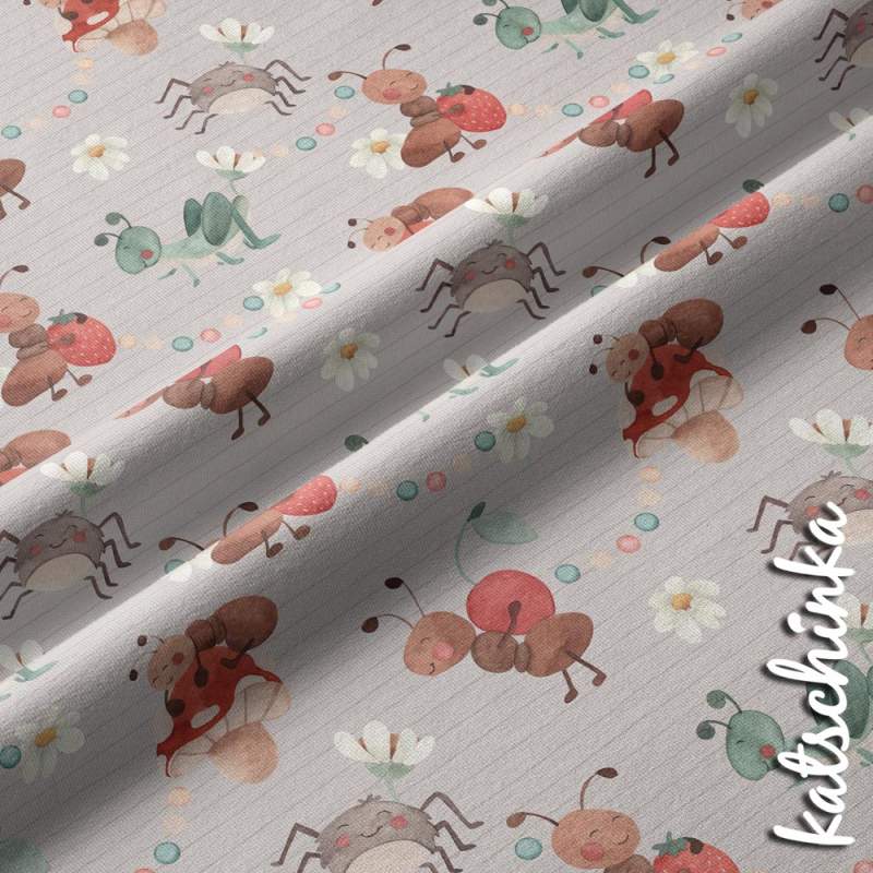 Kinder Jersey Stoff mit Krabbeltieren auf hellem Hintergrund – elastischer Baumwolljersey Meterware für DIY Projekte