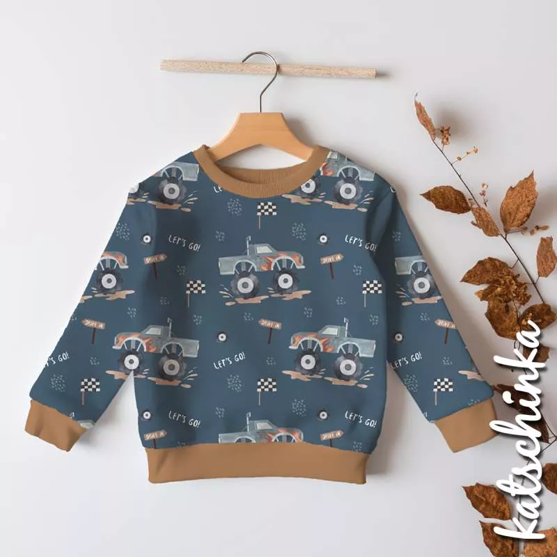 Bio Baumwolljersey Kinderstoff Monstertruck - Let´s go Blau – Jersey Meterware