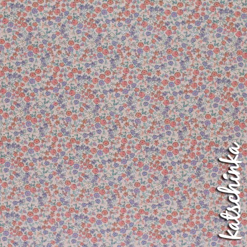 Baumwolljersey Stoff mit Gänseblümchen und Mohnblüten in zarten Farben auf weißem Hintergrund
