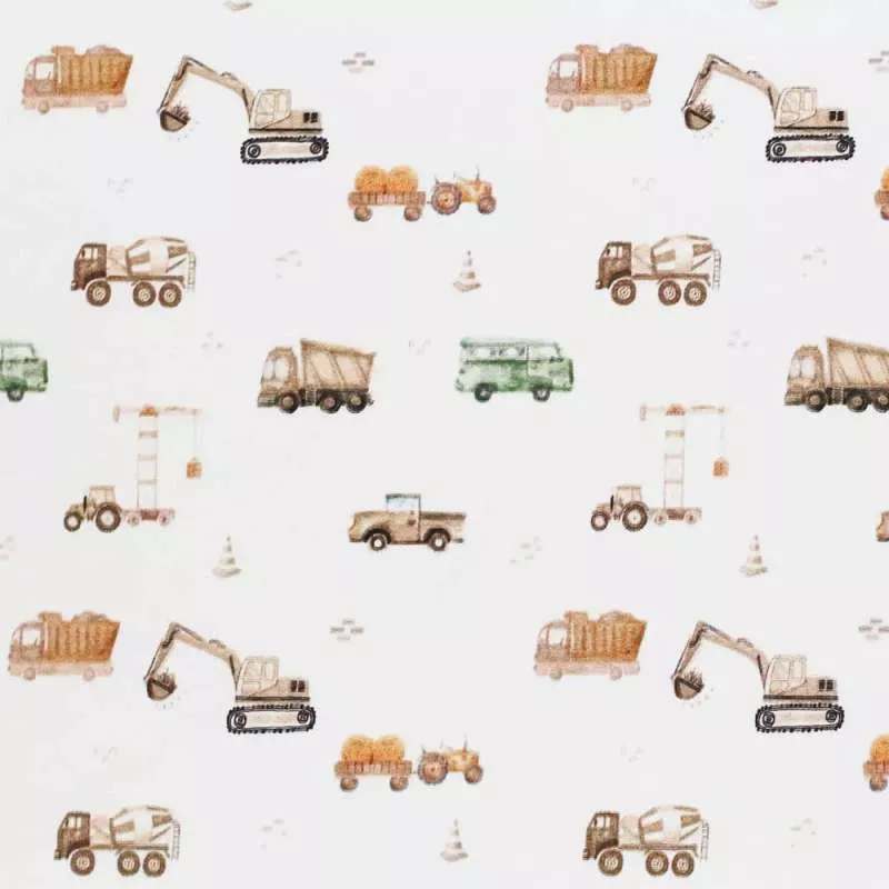 Baufahrzeuge Jersey Stoff in Aquarelloptik – weicher Baumwolljersey Meterware für DIY Nähprojekte