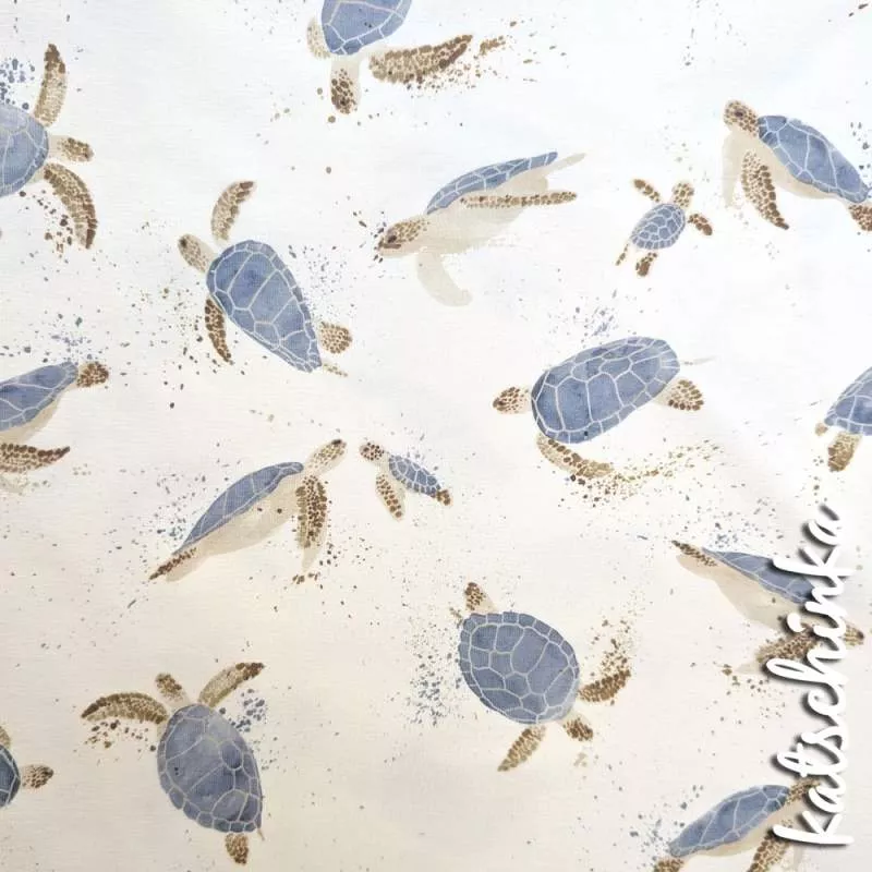 Baumwolljersey Stoff Schildkröten mit handgemaltem Schildkröten-Motiv für Baby- und Kinderbekleidung