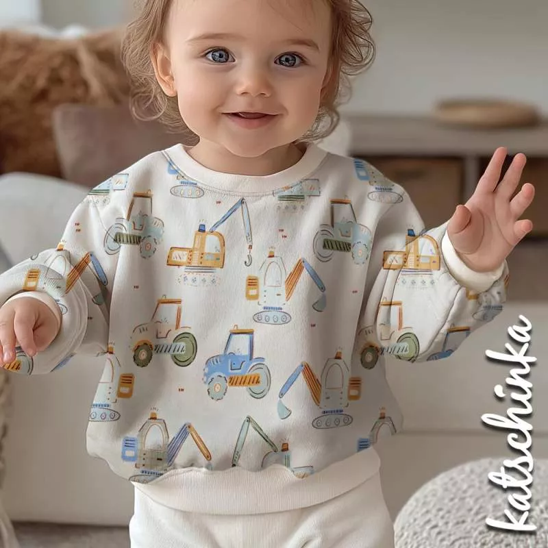 Baumwolljersey Fahrzeug Kollektion 2714 – Kinderstoff mit Bagger & Traktor | Meterware