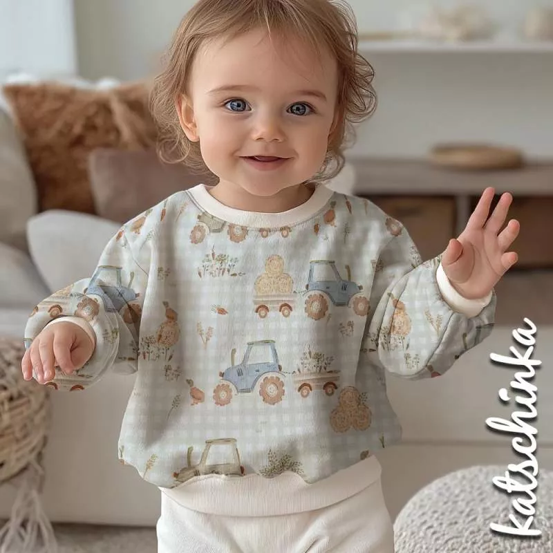 Baumwolljersey Trecker kariert 3021 – Kinderstoff mit Bagger & Traktor | Meterware - Kopie