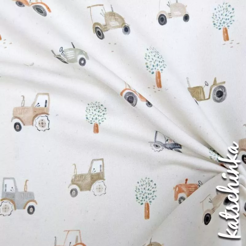 Kinder Jersey Stoff mit Treckermuster– elastischer Baumwollstoff für Baby- und Kinderbekleidung