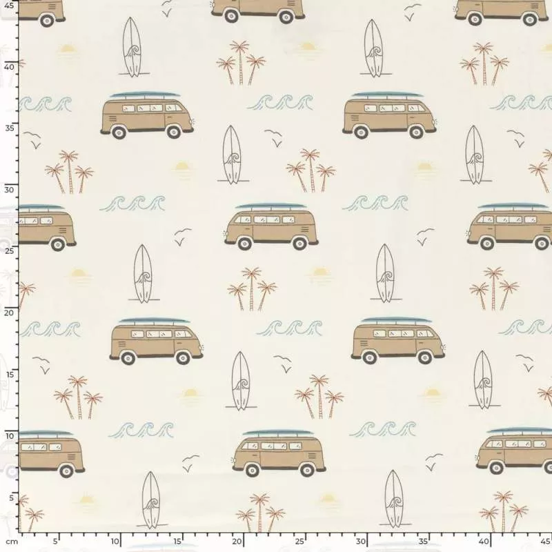 Baumwolljersey Kinderstoff Surf Paradise 609 – Jersey mit Bagger, LKW & Traktor | Meterware