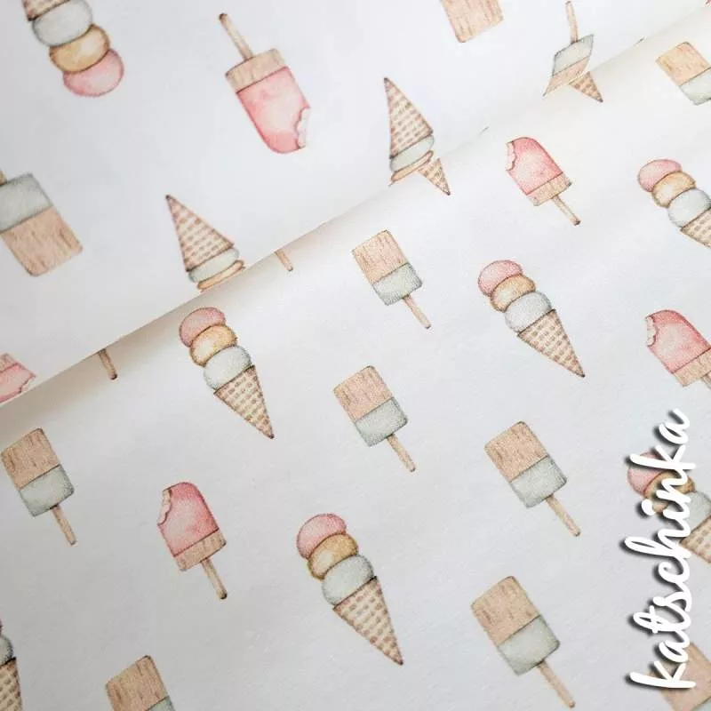 Sommereis Jersey Stoff mit Eiscreme in Aquarelloptik – elastischer Baumwollstoff für Kinderbekleidung und DIY Nähprojekte