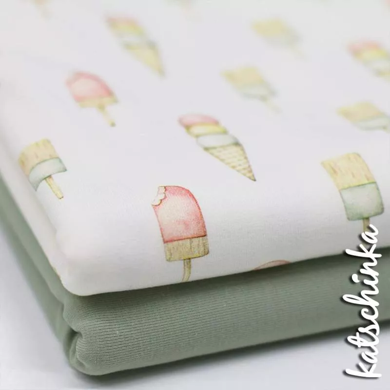 Baumwolljersey Stoff mit Eis Motiv in Naturtönen auf ecru Hintergrund – Kinderstoff als Meterware zum Nähen von Baby- und Kinderkleidung