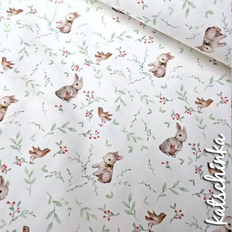 Jersey Stoff Rotkehlchen mit Kaninchen 6466 – Tierstoff als Meterware