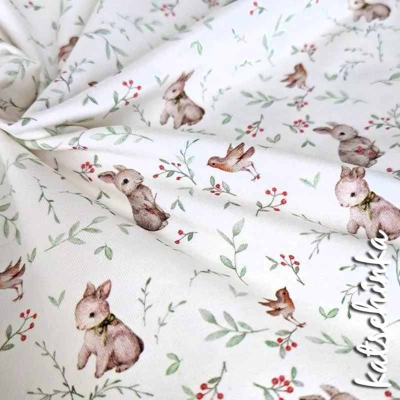 Jersey Stoff Rotkehlchen mit Kaninchen 6466 – Tierstoff als Meterware