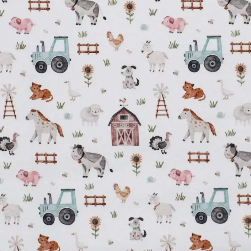 Bauernhof Jersey Stoff in Aquarelloptik mit Tieren und Traktor – weicher Baumwolljersey Meterware für DIY Nähprojekte
