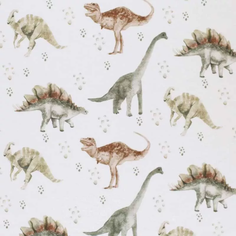 Dino Jersey Stoff mit T-Rex, Stegosaurus und Langhals in Aquarelloptik – elastischer Baumwollstoff für Kinderbekleidung und DIY Nähprojekte