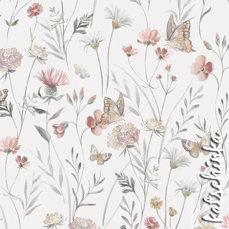 Baumwolljersey Stoff mit Flowers and Butterflies und Mohnblüten in zarten Farben auf weißem Hintergrund