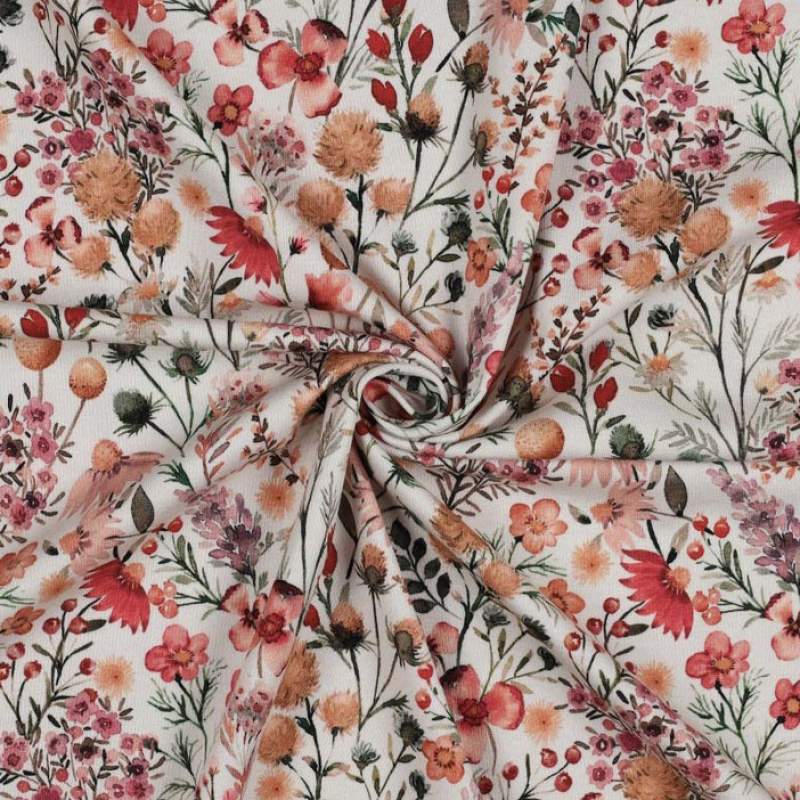 Jersey Baumwollstoff FLOWERS Blumenwiese offweiß – Blumenstoff als Meterware