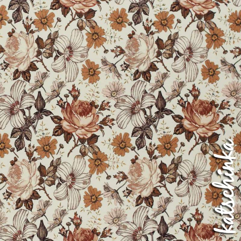 Jersey Stoff Englischer Garten kakao 271 – Blumenstoff als Meterware