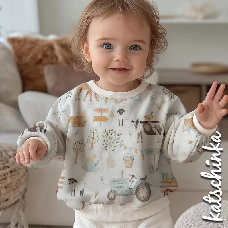 Baumwolljersey Farmerleben 2712 – Kinderstoff mit Tieren & Traktoren| Meterware