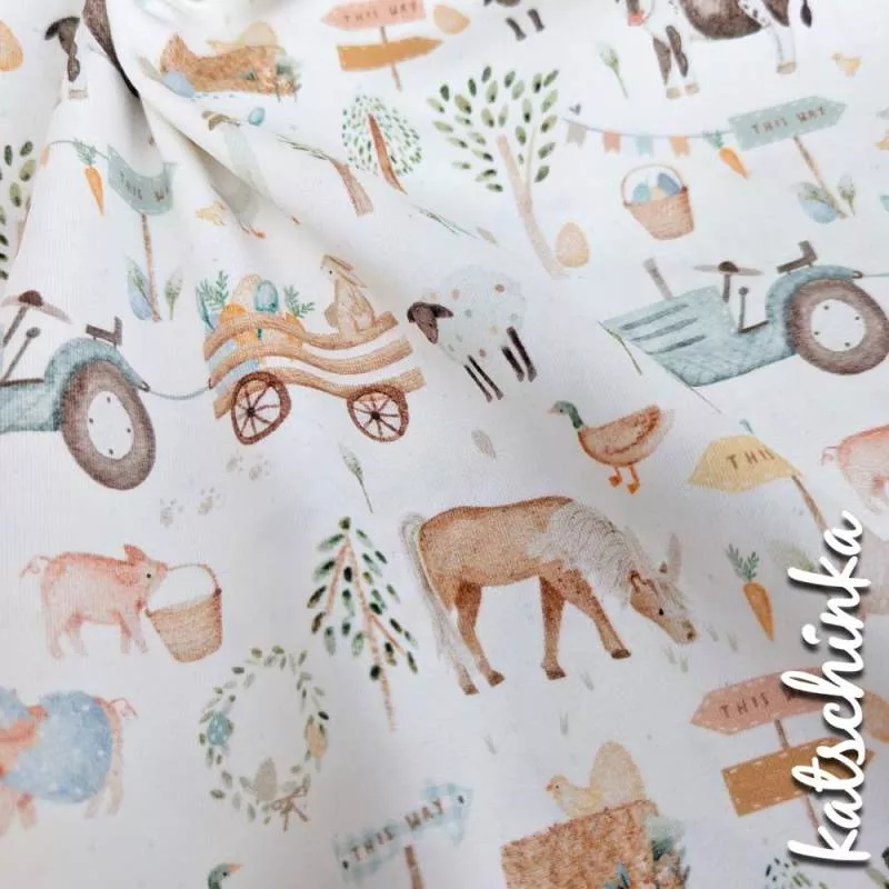 Baumwolljersey Farmerleben 2712 – Kinderstoff mit Tieren & Traktoren| Meterware