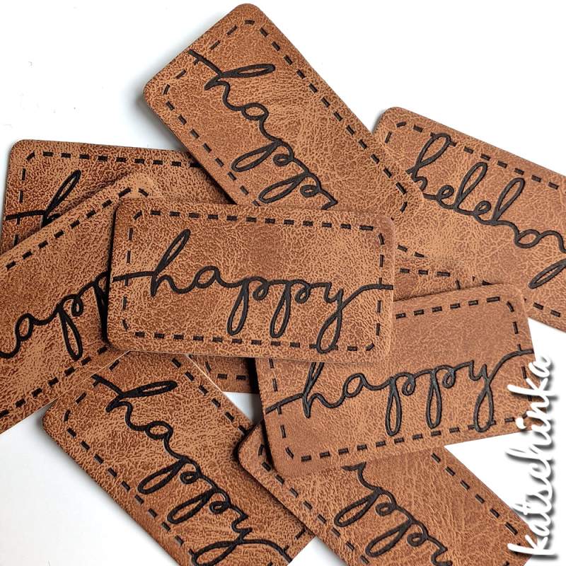 Kunstleder Label aufbügelbar / Aufnäher - Happy
