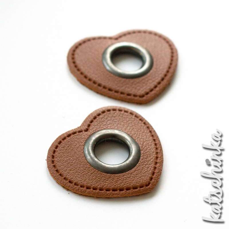 #Ösenpatches, Ösen auf braunem Kunstleder | Herz altsilber 11 mm | 2er