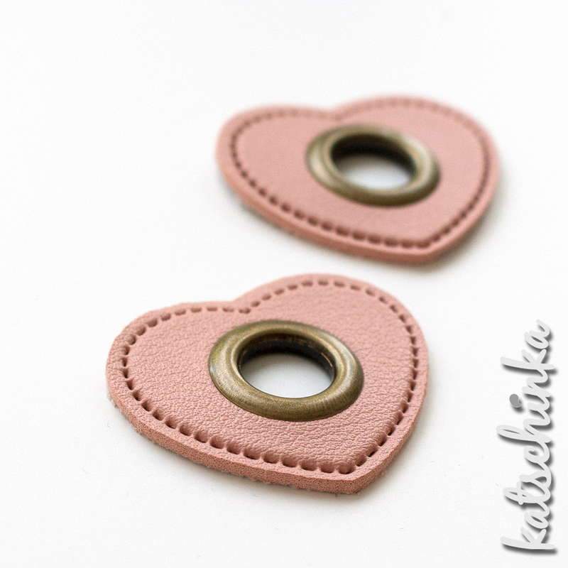 #Ösenpatches, Ösen auf rosa Kunstleder | Herz bronze 11 mm | 2er