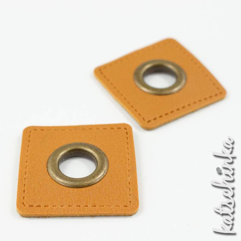 #Ösenpatches, Ösen auf senf/ocker Kunstleder | Quadrat bronze 11 mm | 2er