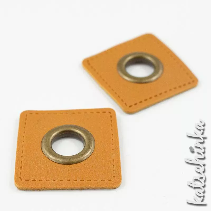 #Ösenpatches, Ösen auf senf/ocker Kunstleder | Quadrat bronze 11 mm | 2er