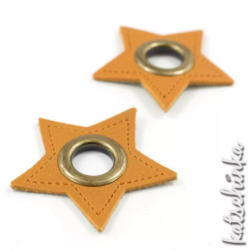#Ösenpatches, Ösen auf senf/ocker Kunstleder | Stern bronze 11 mm | 2er