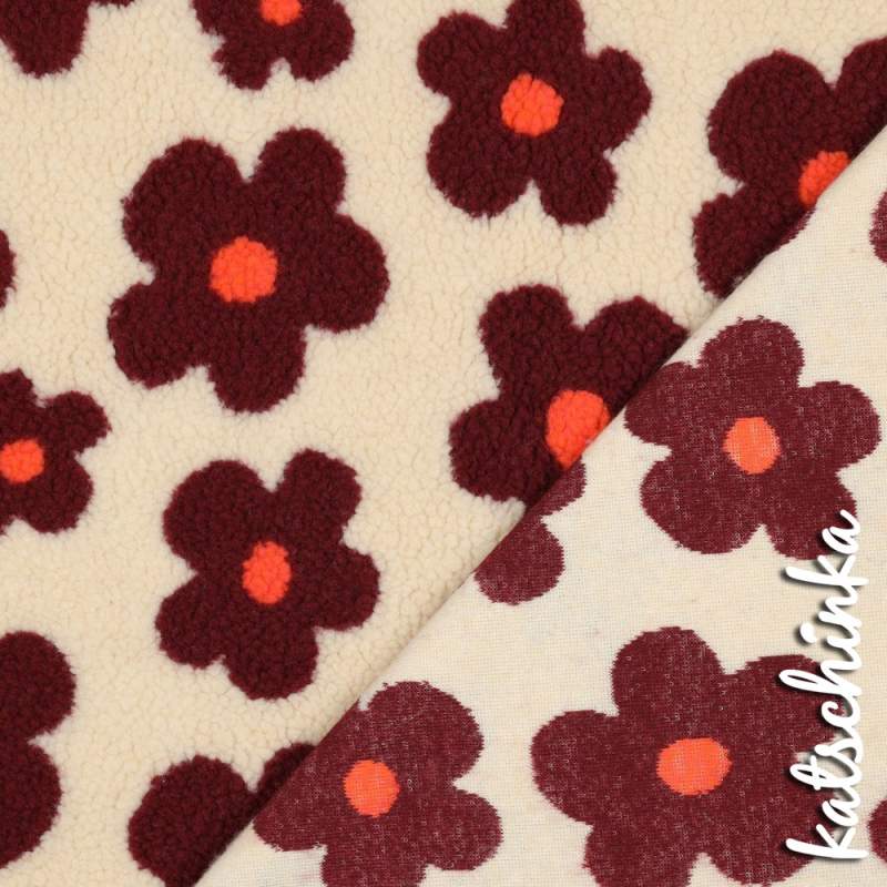 Teddyplüsch Blumen wollweiß-bordeaux 01 03716.001 | Teddystoff | Teddy Plüschstoff