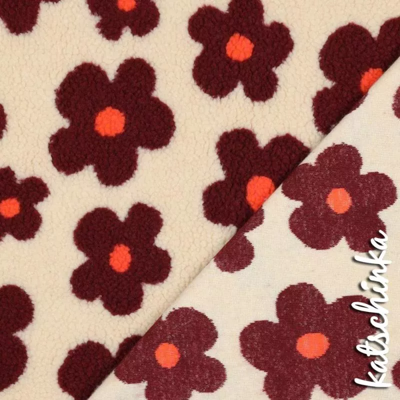 Teddyplüsch Blumen wollweiß-bordeaux 01 03716.001 | Teddystoff | Teddy Plüschstoff