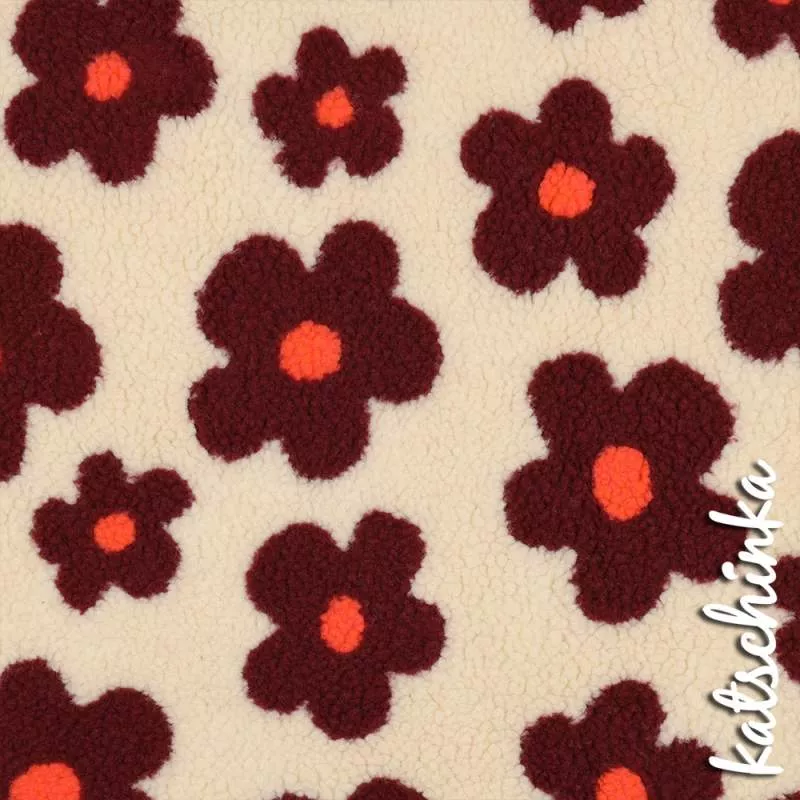 Teddyplüsch Blumen wollweiß-bordeaux 01 03716.001 | Teddystoff | Teddy Plüschstoff
