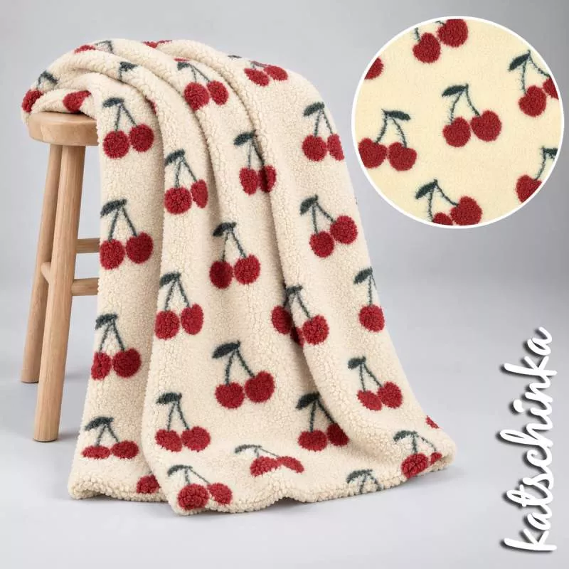 Teddyplüsch Kirschen ecru 01953.001 | Teddystoff | Teddy Plüschstoff