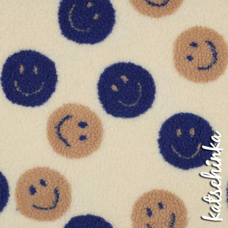 Teddyplüsch Smileys ecru-blau 05674.003 | Teddystoff | Teddy Plüschstoff