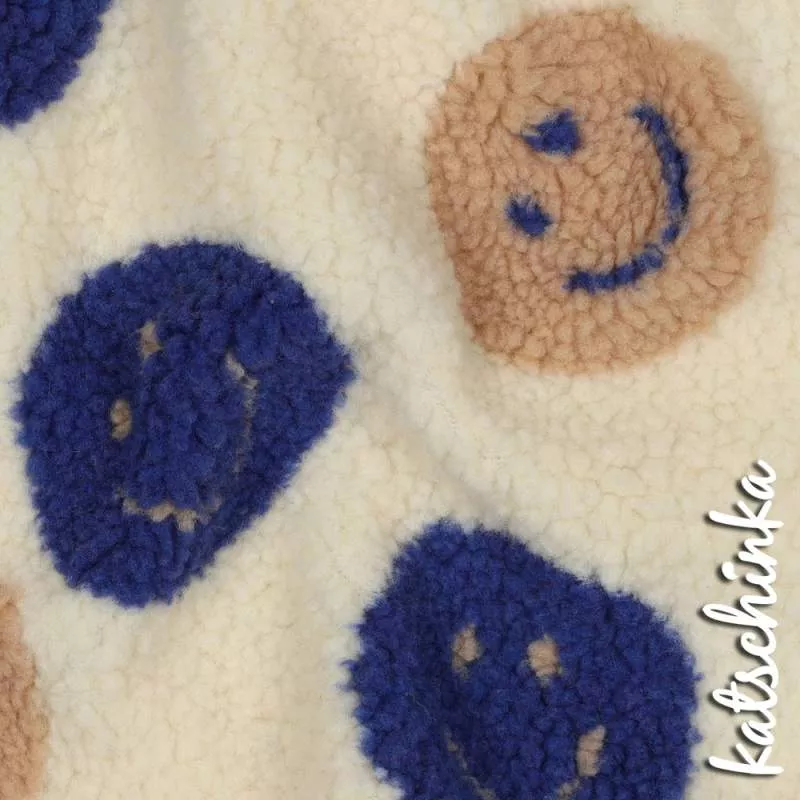 Teddyplüsch Smileys ecru-blau 05674.003 | Teddystoff | Teddy Plüschstoff