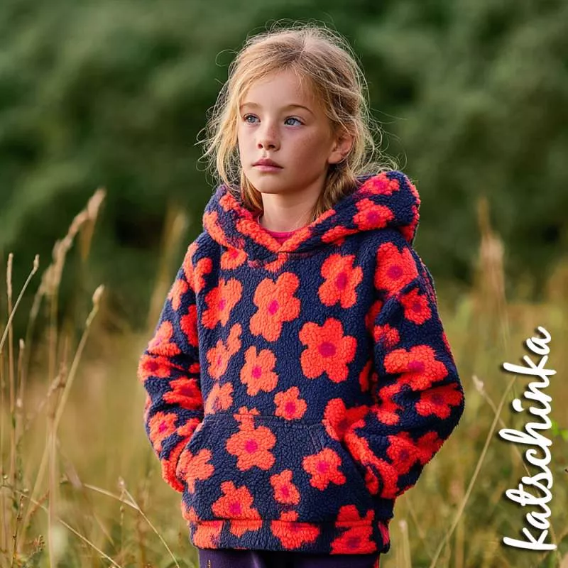 Teddyplüsch Blumen navy-orange 03716.002 | Teddystoff | Teddy Plüschstoff
