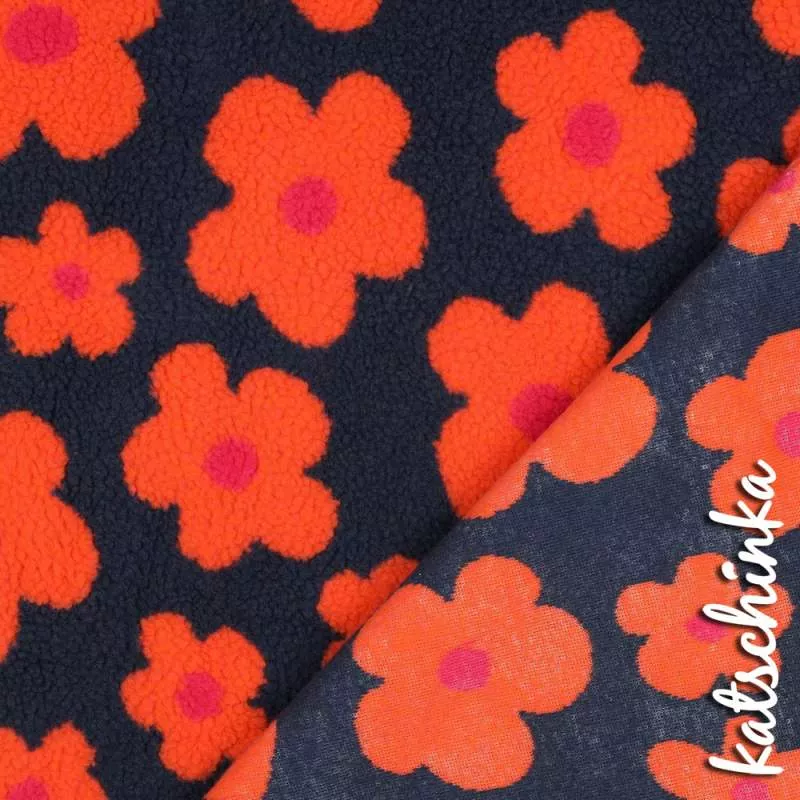 Teddyplüsch Blumen navy-orange 03716.002 | Teddystoff | Teddy Plüschstoff