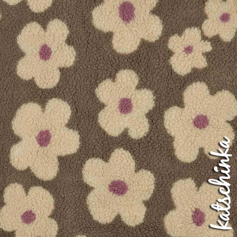 Teddyplüsch Blumen taupe 03716.004 | Teddystoff | Teddy Plüschstoff