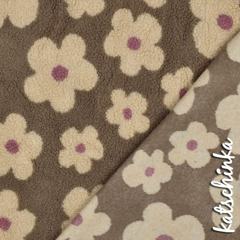 Teddyplüsch Blumen taupe 03716.004 | Teddystoff | Teddy Plüschstoff