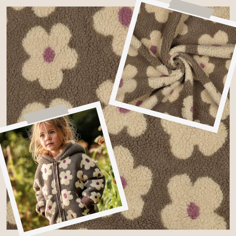 Teddyplüsch Blumen taupe 03716.004 | Teddystoff | Teddy Plüschstoff