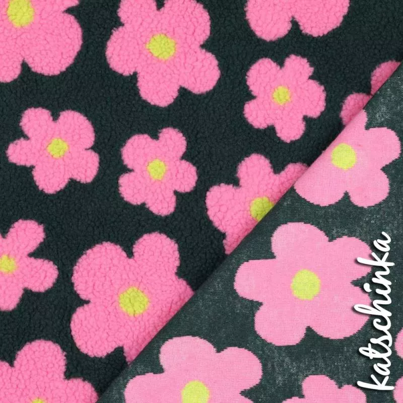 Teddyplüsch Blumen schwarzgrün-pink 03716.003 | Teddystoff | Teddy Plüschstoff