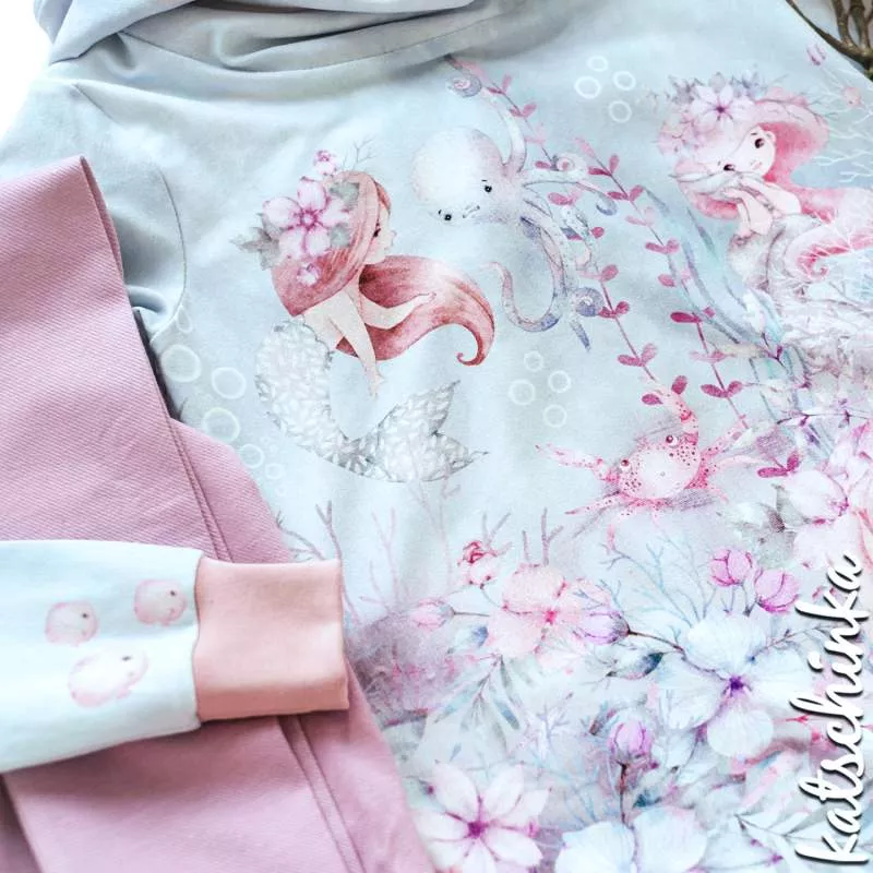 Bio Jersey Stoff Mermaid Sea Life Spiegelbodürde – Kinderjersey Meterware