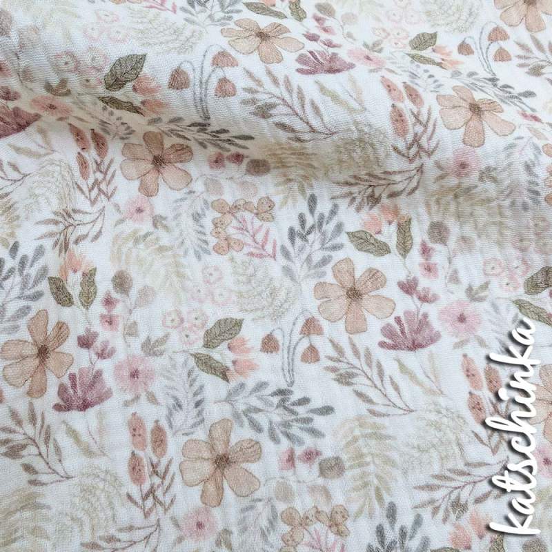Musselin Waldpflanzen beige 4671 | 100% Baumwolle | Musselinstoff | Double Gauze | Musselintuch