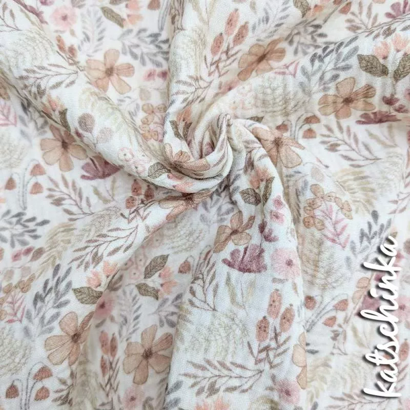 Musselin Waldpflanzen beige 4671 | 100% Baumwolle | Musselinstoff | Double Gauze | Musselintuch