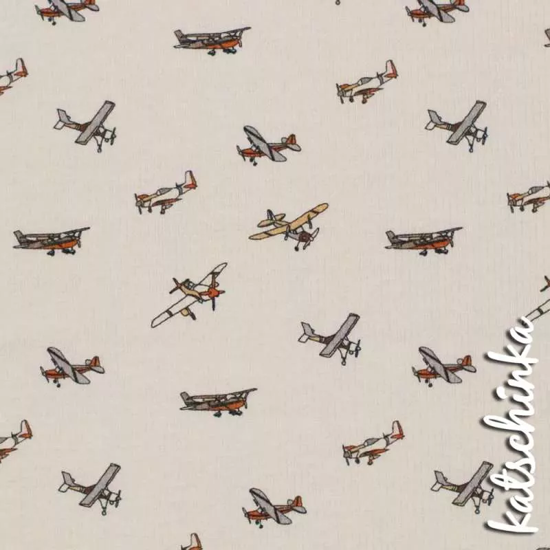 Ribjersey Flugzeuge beige 0779 schmale Rippen